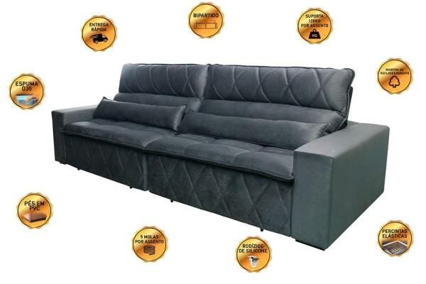 Sofá Retrátil e Reclinável Amsterdam 2,70M Suede Veludo Esverdeado com Molas No Assento - King Kong - 3