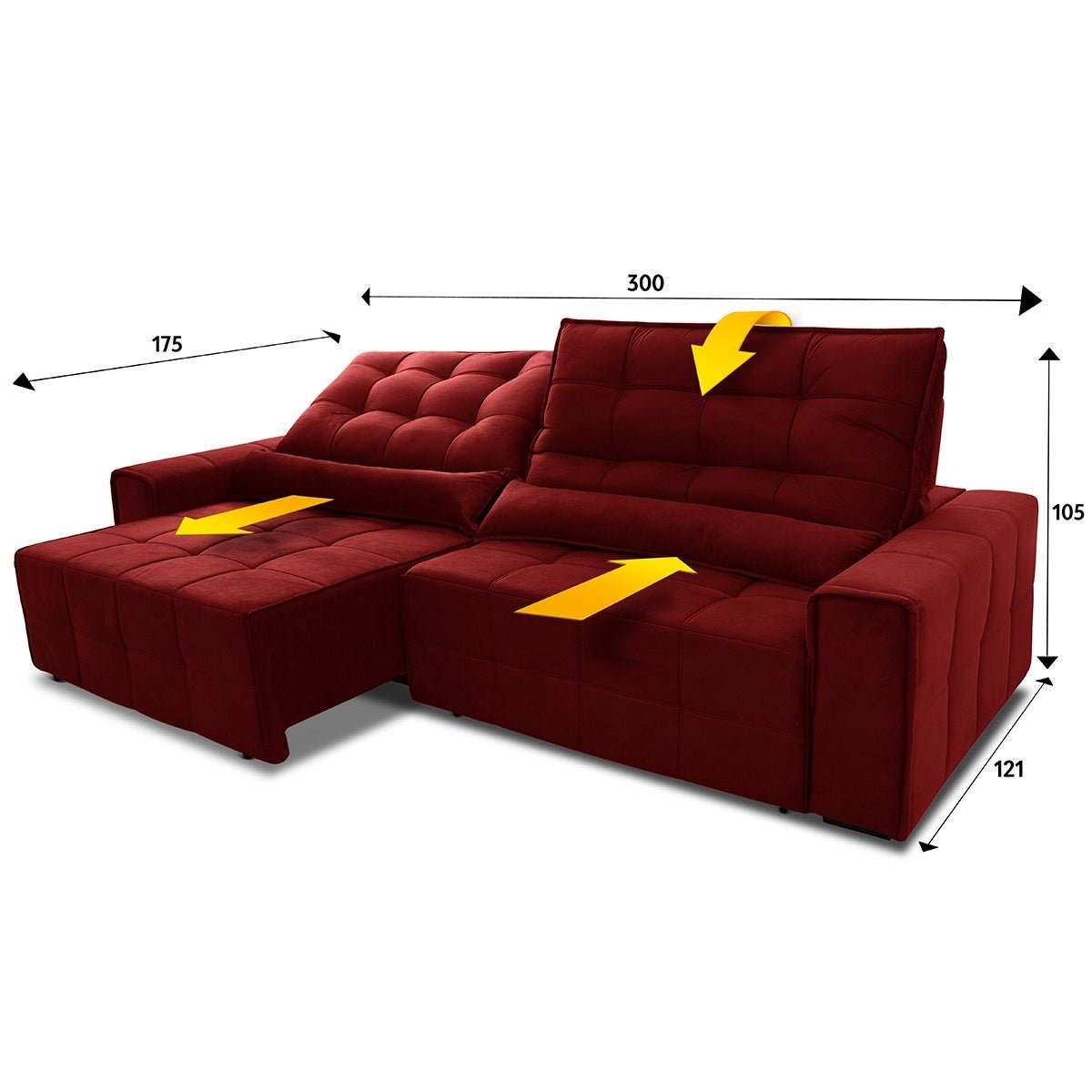 Sofá Retrátil/Reclinável Alaska 3,00m Suede Velut Vermelho c/ Molas no Assento - King House - 2