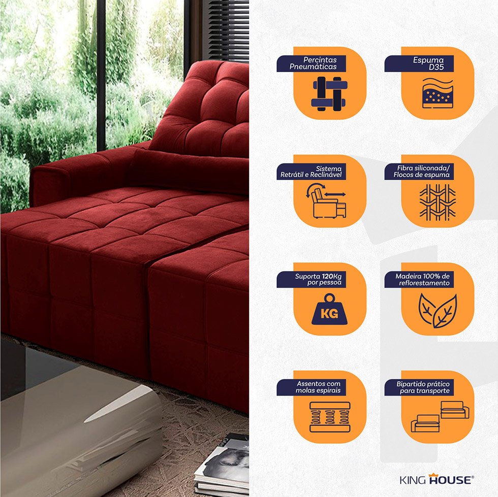 Sofá Retrátil/Reclinável Alaska 3,00m Suede Velut Vermelho c/ Molas no Assento - King House - 5