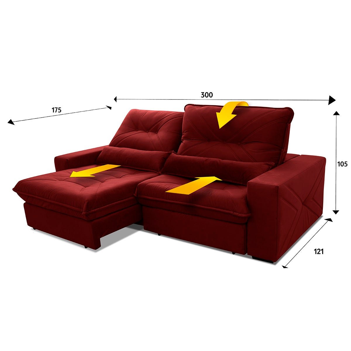 Sofá Retrátil/Reclinável Sevilha 3,00m Suede Velut Vermelho c/ Molas Ensacadas - King House - 2