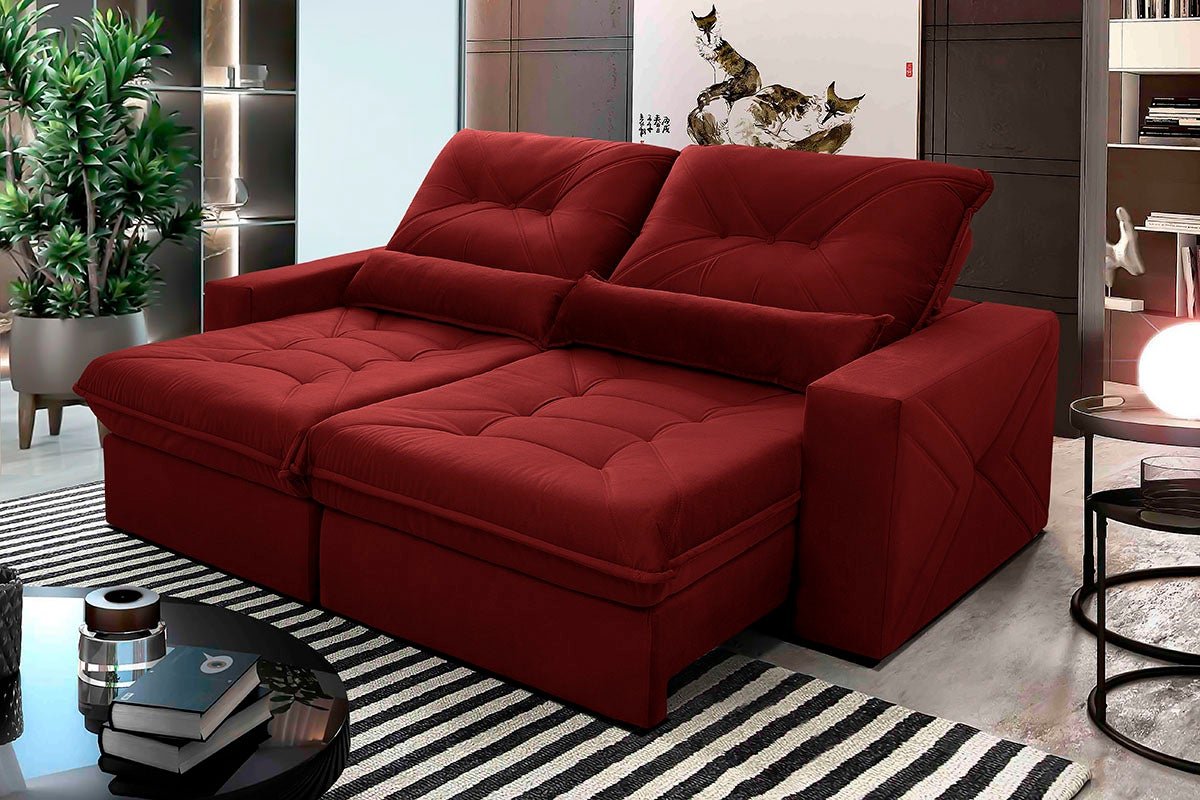 Sofá Retrátil/Reclinável Sevilha 3,00m Suede Velut Vermelho c/ Molas Ensacadas - King House - 1