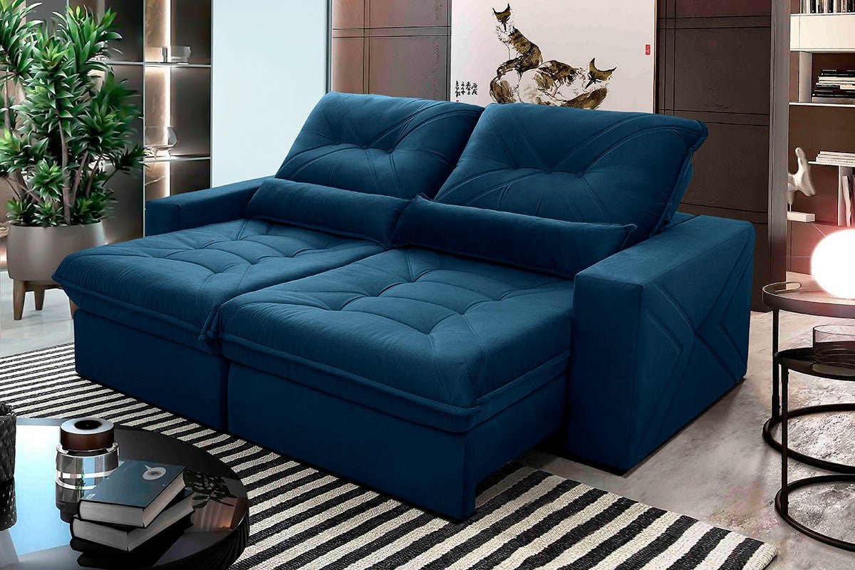 Sofá Retrátil Reclinável Sevilha 2,50m Suede Velut Azul Marinho Molas Ensacadas - King House - 1