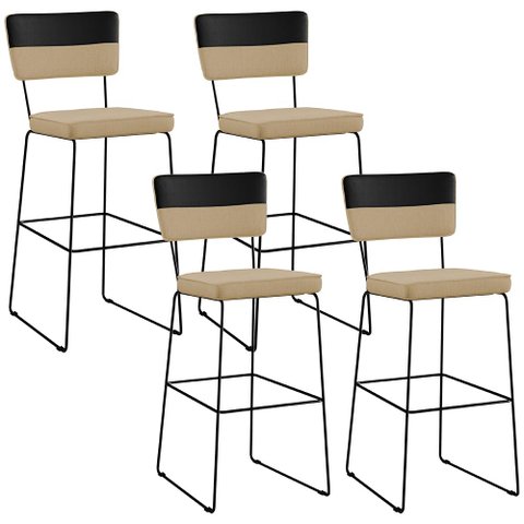 Kit 04 Banquetas Altas Sala de Jantar Allana L02 Faixa Corano Preto Linho Bege Escuro - Lyam Decor
