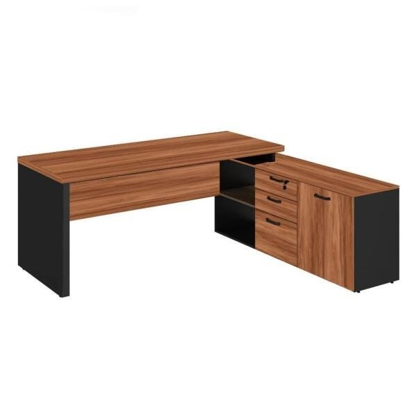 Mesa Diretorzinha com Aparador - Pé de Madeira - 1,90x1,50M- Workstart - Nogal Sevilha / Preto - 2142 - 1