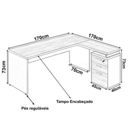 Mesa Escritório em L com Gaveteiro 1,70 x 1,60M - Workstart - Marsala/Preto - 23481 - 2