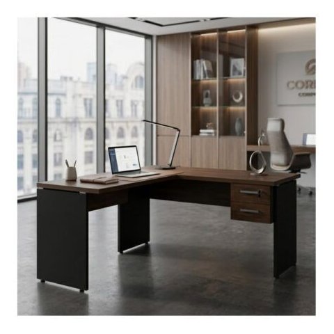 Mesa em L (Mesa 1,70m + Mesa Auxiliar) - com 2 Gavetas - Workstart - Marsala/Preto - 23479