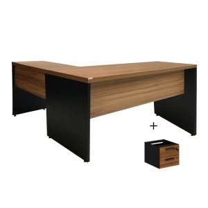 Mesa em L (Mesa 1,70M + Mesa Auxiliar) - 2 Gavetas - Workstart - Nogal Sevilha/Preto - 21479