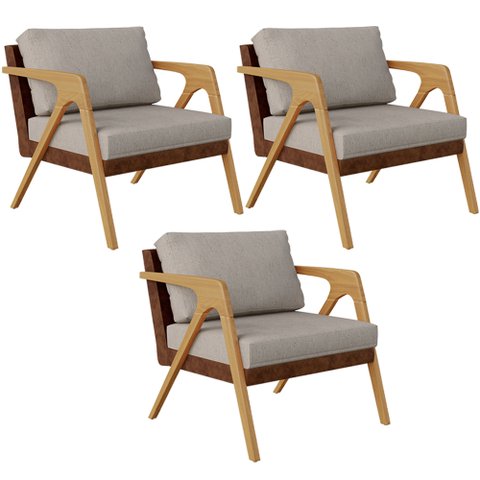 Kit 03 Poltronas Decorativas Para Sala De Estar Pietra L02 Couríssimo Marrom Linho Bege - Lyam