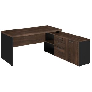 Mesa Diretorzinha com Aparador - Pé de Madeira - 1,90x1,60M-Workstart - Marsala/Preto/Preto - 234