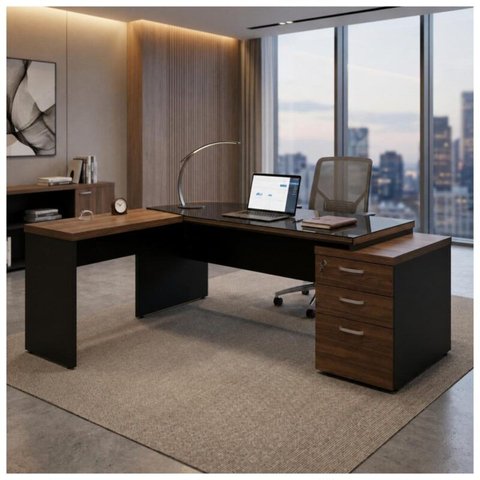 Mesa para Escritório em L de Vidro Fumê Workyaris Marsala/Preto