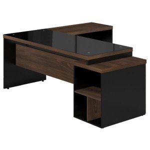 Mesa para Escritório em L de Vidro Fumê Workyaris Marsala/Preto