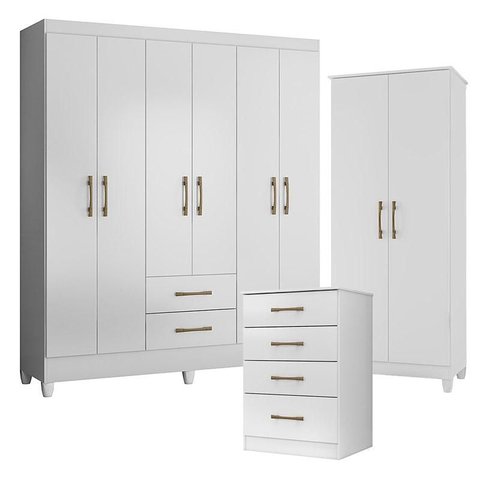 Guarda Roupa Casal Panamá com Cômoda Ms913 e Armário Multiuso Jade Branco Brilho – Moval