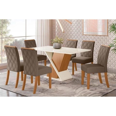 Conjunto: Mesa Sala Jantar Solus Tampo Madeirado C/ Vidro Canto Reto 160x90cm e 6 Cadeiras Vita