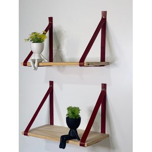Kit 3 Prateleiras de Pinus - Alça de Couro 40 X19cm:vinho