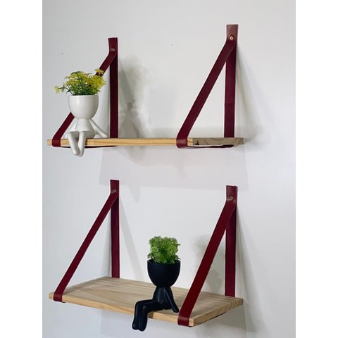 Kit 3 Prateleiras de Pinus - Alça de Couro 40 X19cm:vinho