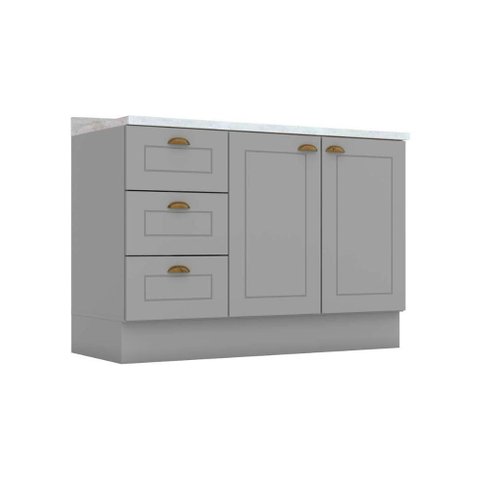 Gabinete de Cozinha Modulado Balcão P/ Pia C/ Tampo Americana C/ 2 Portas e 3 Gavetas 120cm Cinza