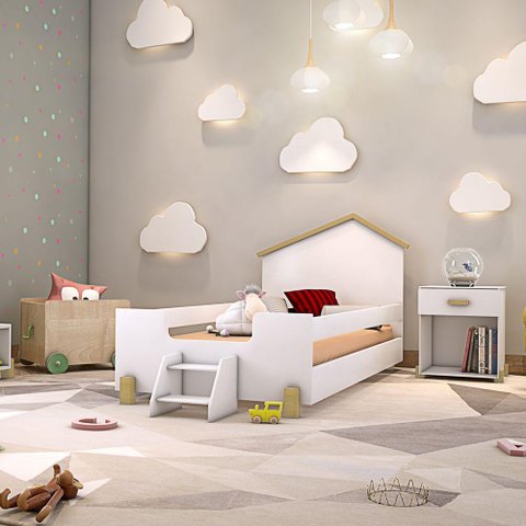 Cama de Criança Infantil com Escadinha Solteiro Ayla - Branca e Natural - Branco