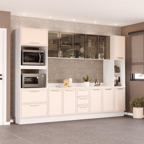 Cozinha Amara Aéreos de Vidro Torre Quente Paneleiro Balcões c/ Tampo Rodapé Branco/Creme 250774