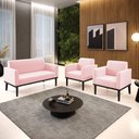 Ver imagem 2 de Conjunto 2 Poltronas e 1 Namoradeira Decorativa Isabella Pés Fixo em Madeira Preto Suede Rosa Bebê G