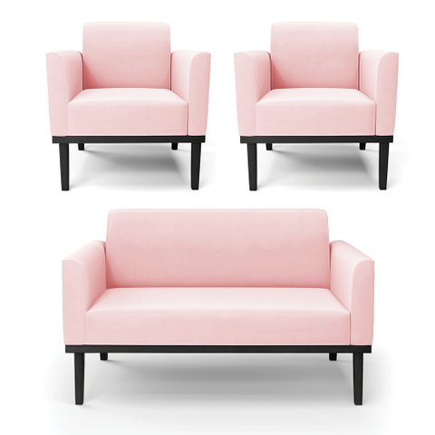 Conjunto 2 Poltronas e 1 Namoradeira Decorativa Isabella Pés Fixo em Madeira Preto Suede Rosa Bebê G