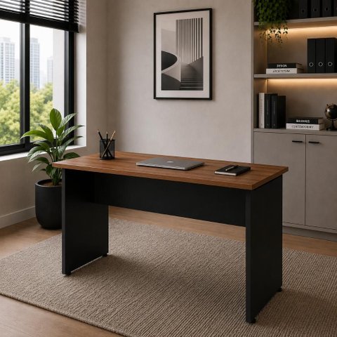Mesa Retangular Escrivaninha 135cm x 60cm Tampo 25mm com Pés Painel F5 Office Cor:Nogal com Preto
