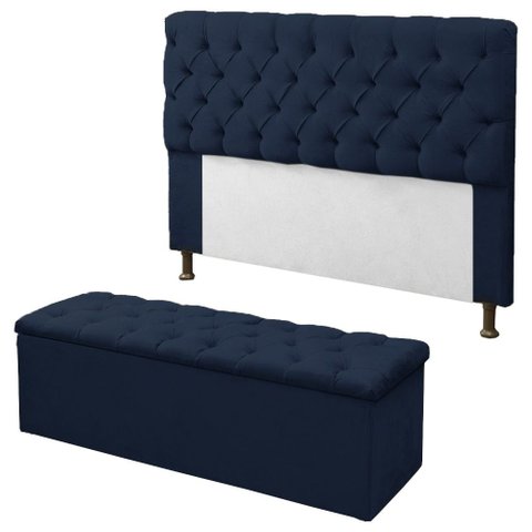 Kit Cabeceira + Calçadeira Baú Mirage Casal 140cm Azul Marinho