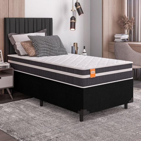 Cama Box Solteiro Colchão Molas 88x188x60cm Branco/Preto
