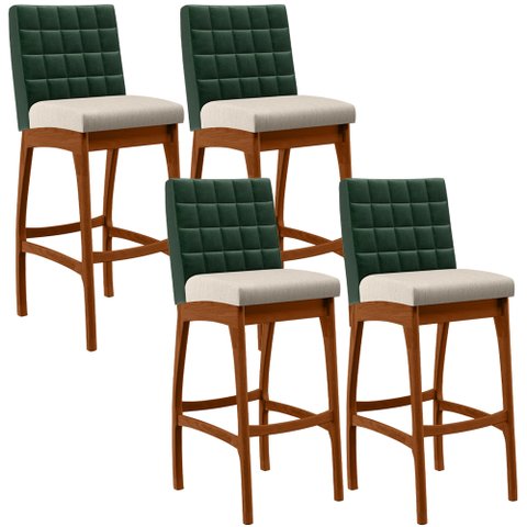 Kit 04 Banquetas Altas Cozinha Sala De Jantar Fixa Mila B04 Facto Verde Musgo Linho Cru - Lyam Decor