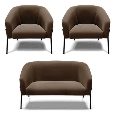 Sofá Namoradeira e 2 Poltronas Pé de Ferro Preto Stella Suede D03 - D'Rossi Cor Marrom