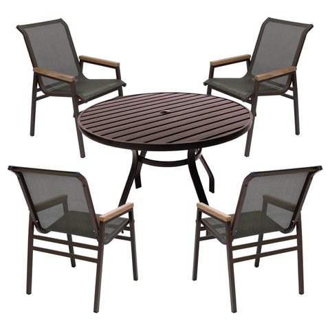 Jogo de Mesa Tampo Ripado Alumínio 90cm para Área Externa 4 Cadeiras Tela Sling Nossa Kasa