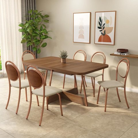 Conjunto Sala de Jantar 6 Cadeiras Dara Carraro Nogal Rosê