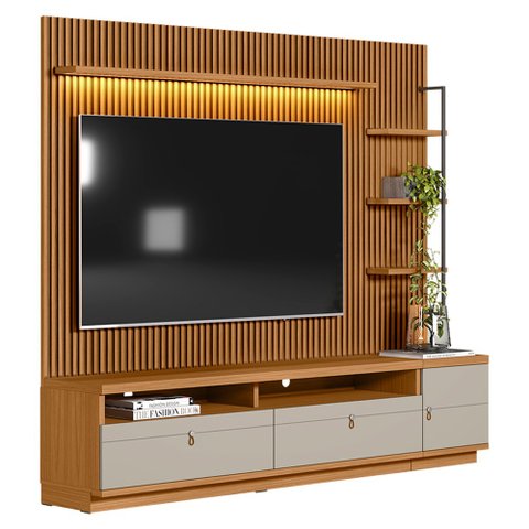 Conjunto Painel Ripado Betina com 1 Rack e 1 Módulo Lateral Direito Nature e Off White 225x198 cm - 