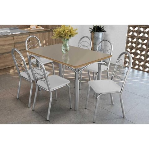 Sala de Jantar Completa Elba Tampo Madeirado C/ Vidro 120cm e 6 Cadeiras Holanda Cromada/freijo