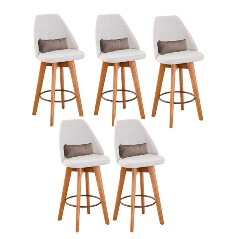 Kit 05 Banquetas Alta Maya Giratória Com Encosto Gourmet Linho Bege e Almofada Suede Bege - Gat