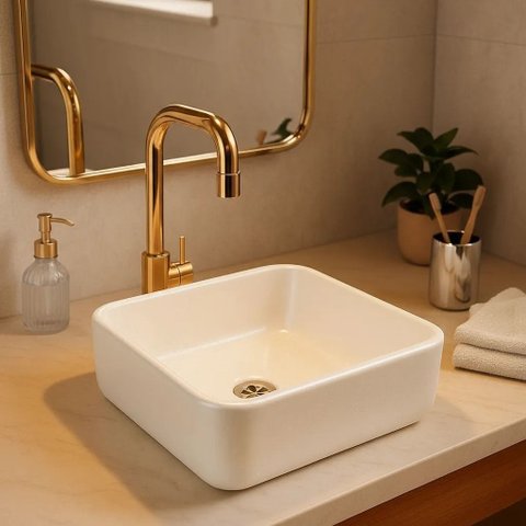 Cuba de Sobrepor Banheiro  Lavabo Pérola Lux 40x40cm Branco Brilhante Concreto