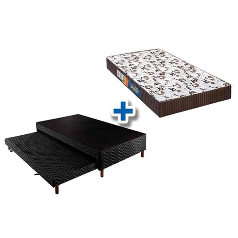 Cama Box c/Auxiliar Solteiro: Colchão Espuma Polar D33 Pérola Brown + Base CRC Suede Black(88x188)