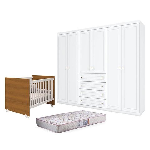 Berço Nacional Mel Branco Savana – Reller e Guarda Roupa Casal Americano 6 Portas Branco HP e Colchã
