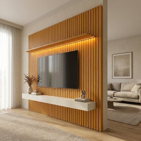 Rack com Painel Ripado para TV até 90 Polegadas em MDF com LED 250x184cm Naturale Off White Nobre