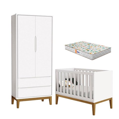 Berço Americano e Guarda Roupa 2 Portas New Classic Branco com Pés Madeira e Colchão Gazin – Reller