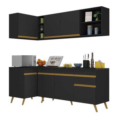 Armário de Cozinha Compacta de Canto Veneza Multimóveis V2058 Preto/Dourado