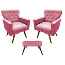 Ver imagem 1 de Kit 2 Poltronas Decorativa Aurora + 1 Puff Retangular Suede Rosa Pés Madeira Mz Decor