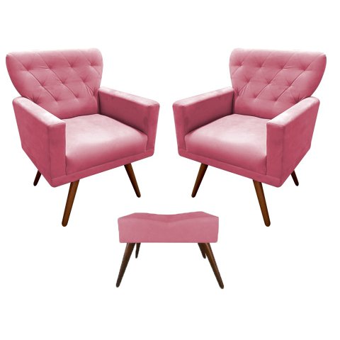 Kit 2 Poltronas Decorativa Aurora + 1 Puff Retangular Suede Rosa Pés Madeira Mz Decor