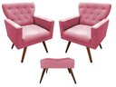 Ver imagem 1 de Kit 2 Poltronas Decorativa Aurora + 1 Puff Retangular Suede Rosa Pés Madeira Mz Decor