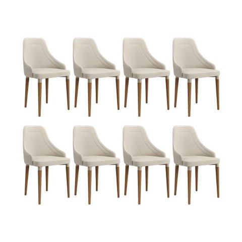 Conjunto de 8 Cadeiras de Madeira Maciça Evelyn com Linho Off White
