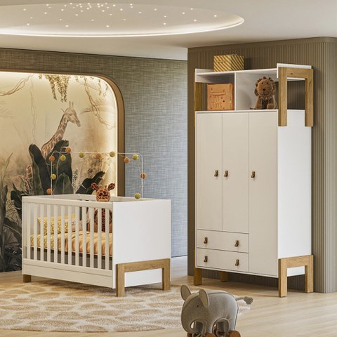 Quarto de Bebê com Roupeiro 4375 e Berço Mini Cama 4300 Branco Acetinado Patoti Móveis