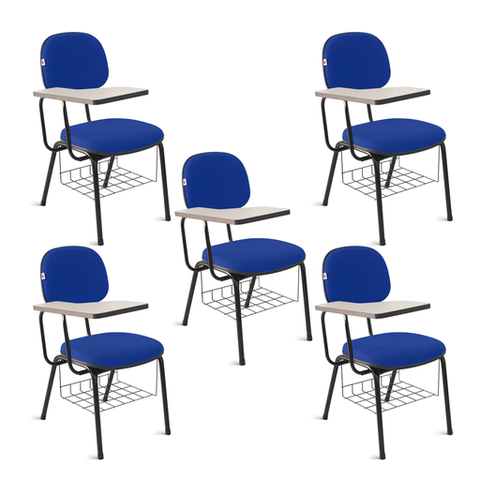 Cadeira Ágata Secretária Universitária Pé Palito Tecido Kit 5 Un: Azul C/ Preto