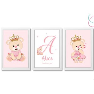 Kit com 3 Quadros Decorativos do Tema Ursinha Princesa:Branca