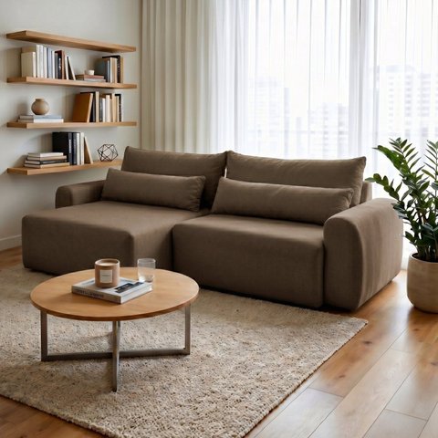 Sofá Retrátil 3 Lugares 250cm com Almofadas e Base em Madeira Maciça Kairós