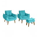 Ver imagem 1 de Kit 02 Poltrona/cadeira Decorativa e Puff Glamour com Pés Quadrado Azul Turquesa