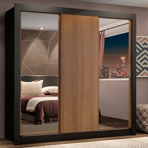 Guarda-Roupa Casal Madesa Lyon Plus 3 Portas de Correr com Espelhos 4 Gavetas Preto/Rustic Cor:Preto